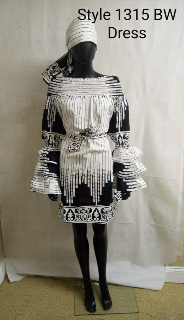 Black and white African Smoked off shoulder elastic Baby Doll Dress one size plus.