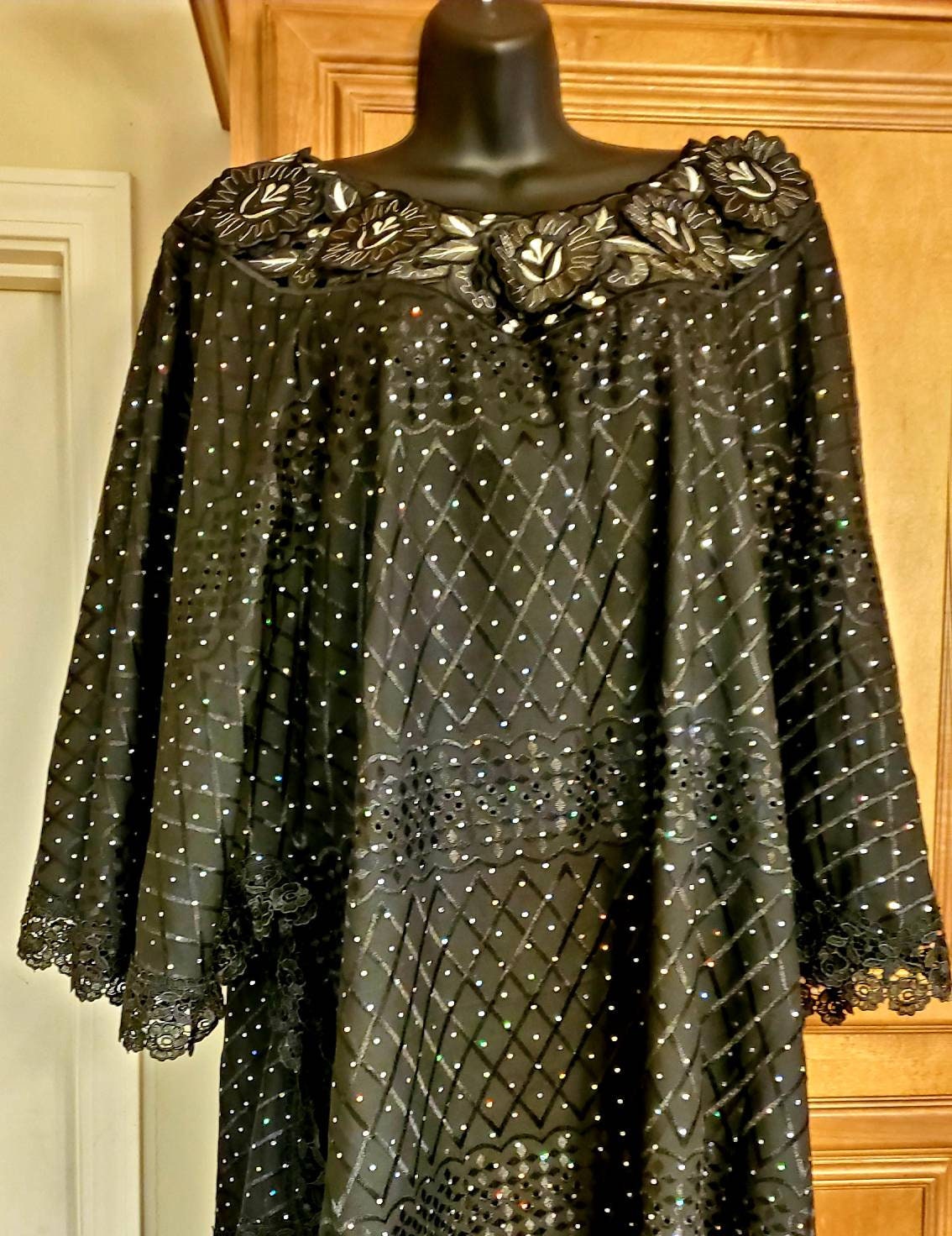 Million Stone African Inspired 3pc Lace Skirt Set Poncho Style Top Bell Sleeves and a scarf.