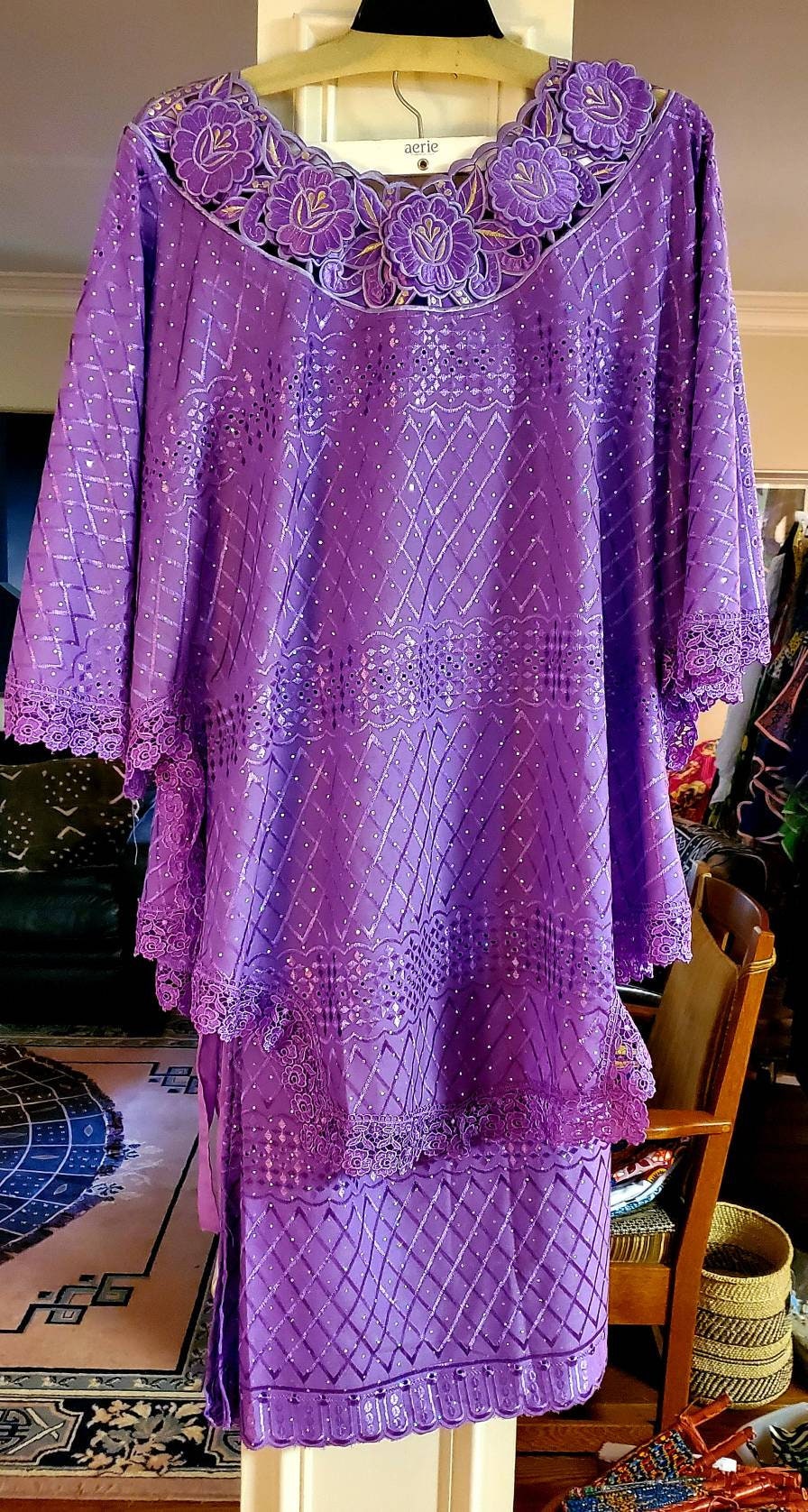 Million Stone African Inspired 3pc Lace Skirt Set Poncho Style Top Bell Sleeves and a scarf.