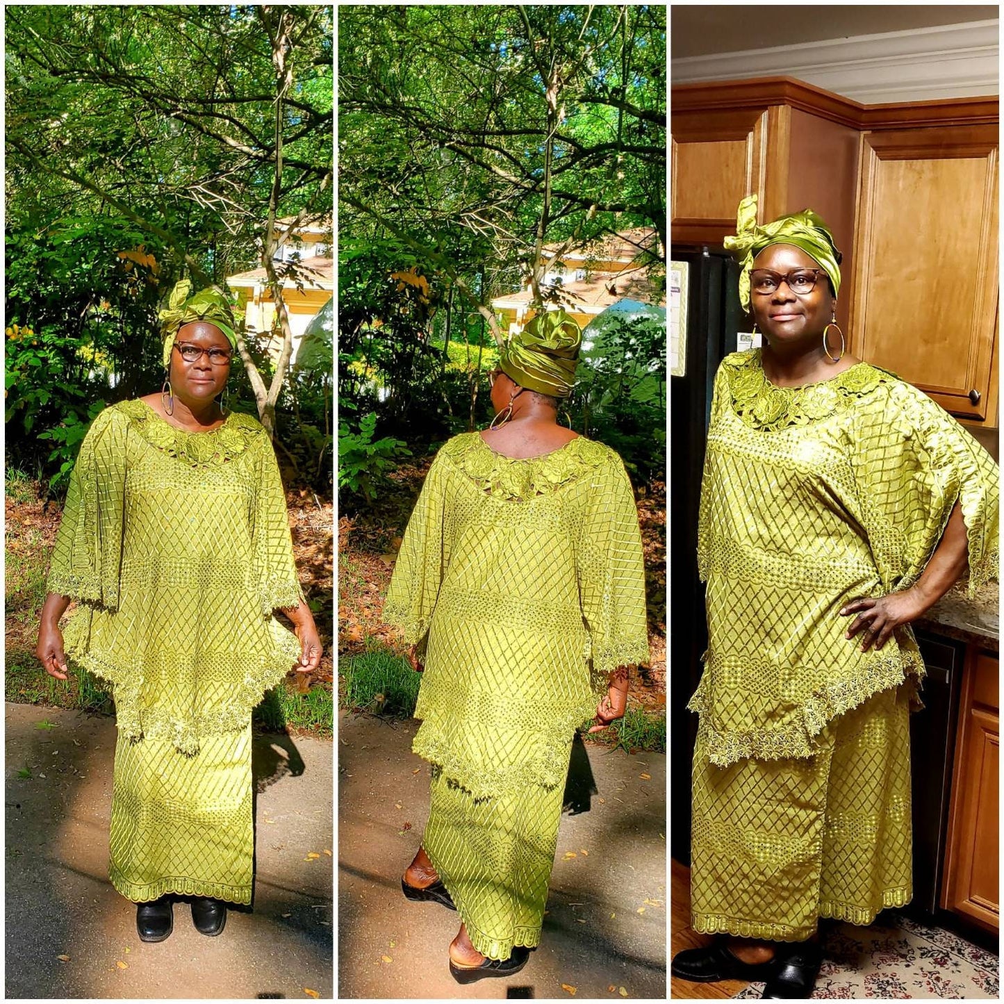 Million Stone African Inspired 3pc Lace Skirt Set Poncho Style Top Bell Sleeves and a scarf.