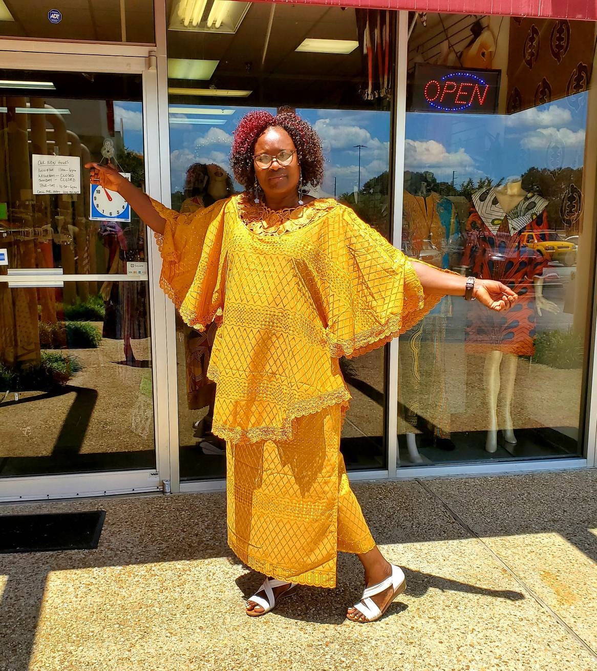 Million Stone African Inspired 3pc Lace Skirt Set Poncho Style Top Bell Sleeves and a scarf.