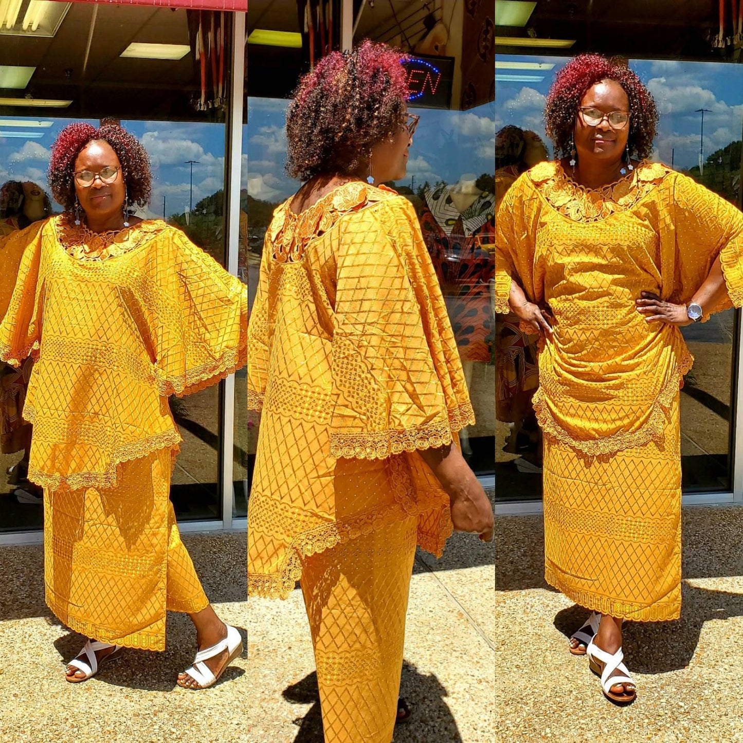 Million Stone African Inspired 3pc Lace Skirt Set Poncho Style Top Bell Sleeves and a scarf.