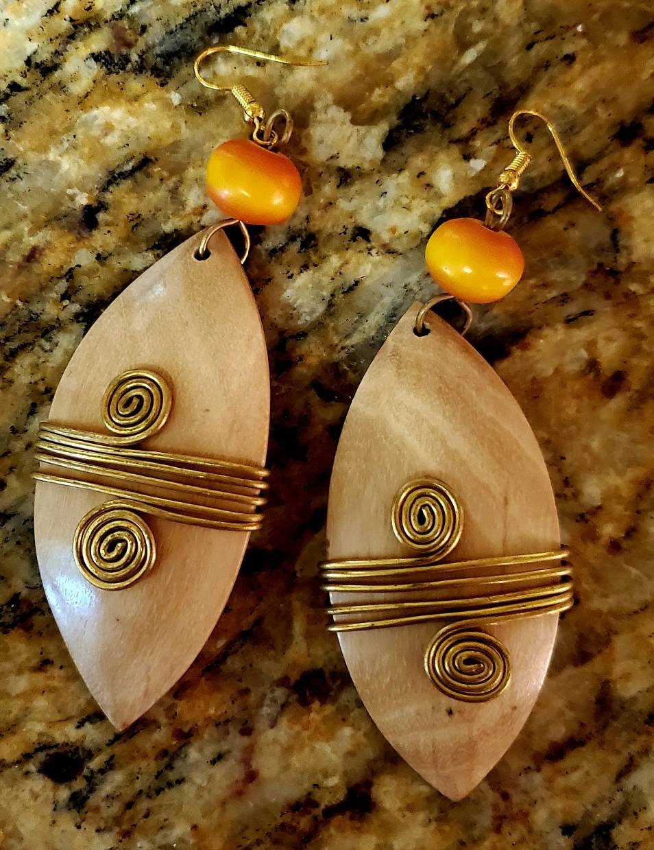 Wire Wrapped Decorative Carved Bone/Wooden Earrings