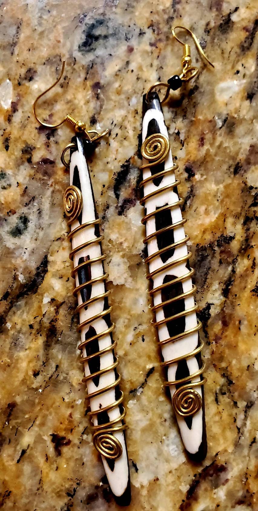 Wire Wrapped Decorative Carved Bone/Wooden Earrings