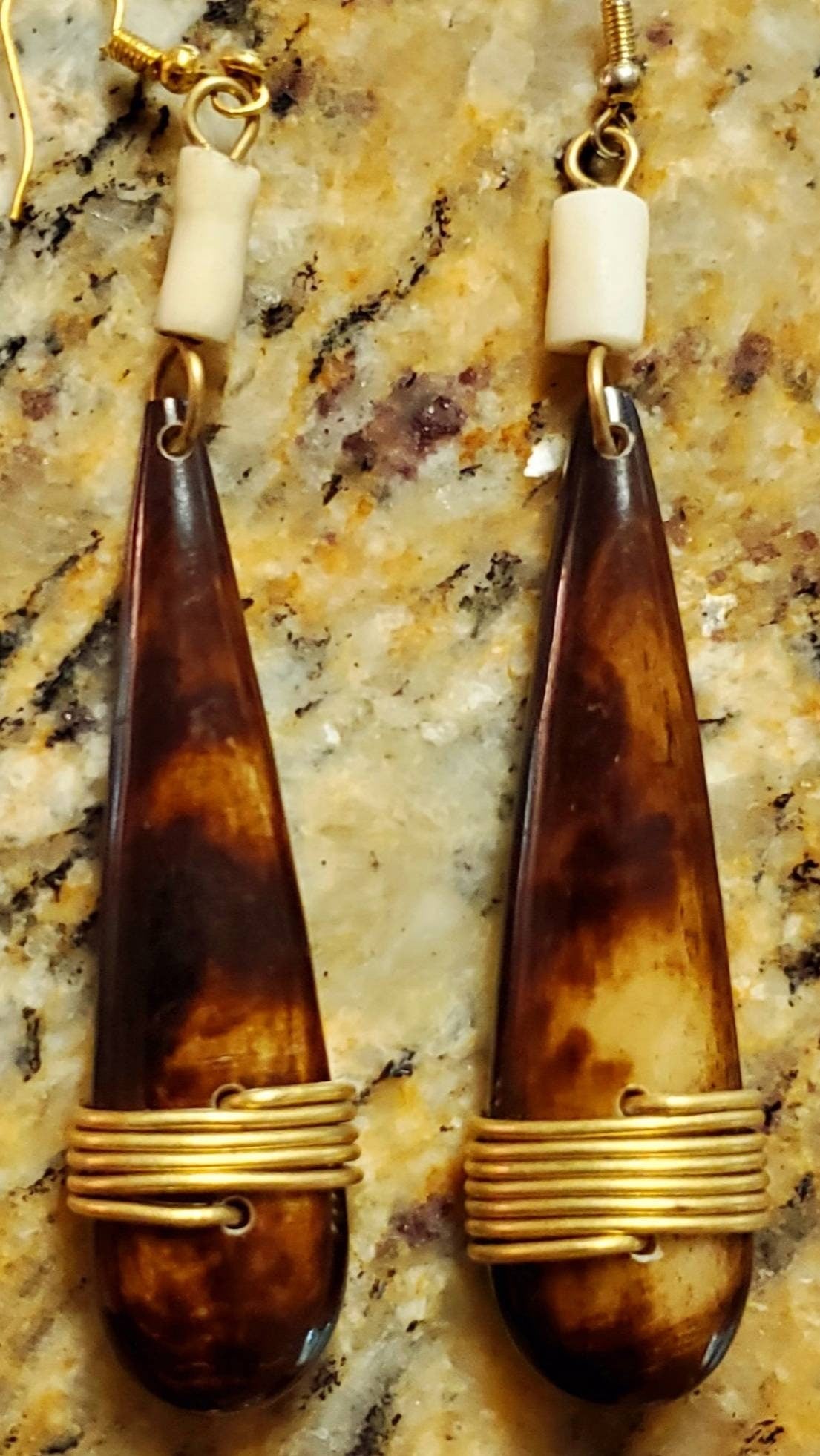 Wire Wrapped Decorative Carved Bone/Wooden Earrings