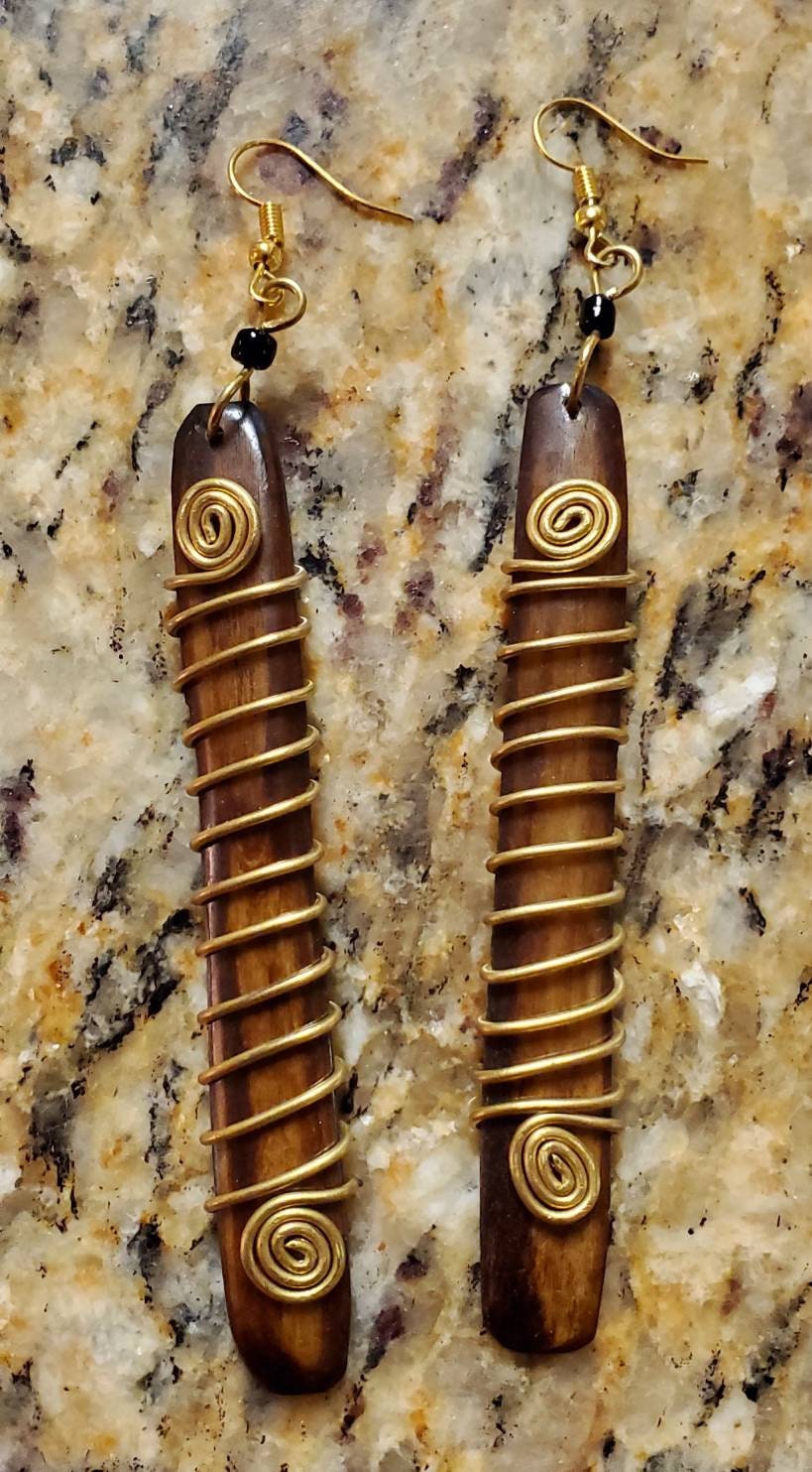 Wire Wrapped Decorative Carved Bone/Wooden Earrings