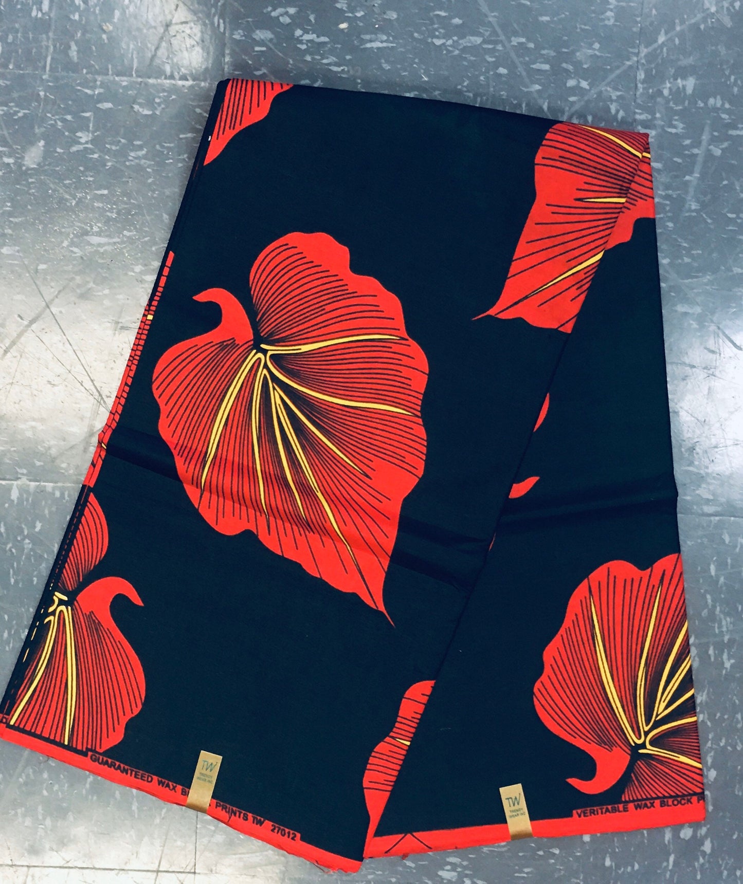 Wholesale Floral Red Ankara Fabric, bold African Print Leafy Red & Black 4 yards.