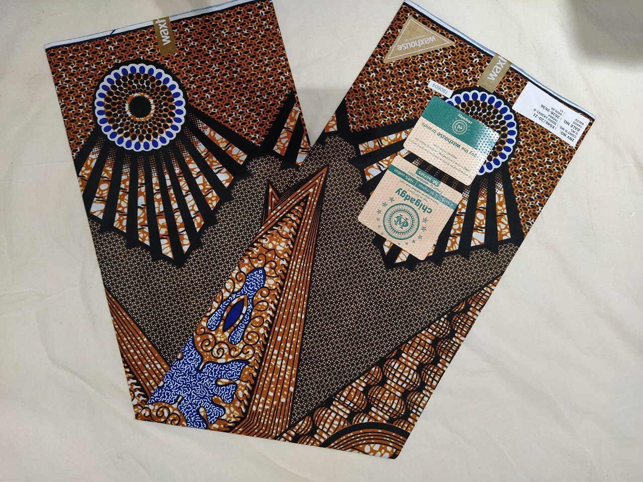 Kitenge Ankara Fabric Tan Brown Black Color shade of blue/Waxprint African Print Cotton Fabric Wholesale 48".
