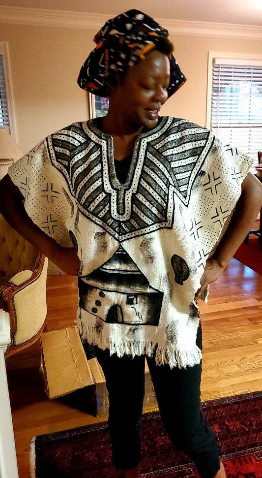 Mudcloth Bambara Bogolan Short Poncho/white Woven original Mudcloth open both sides.
