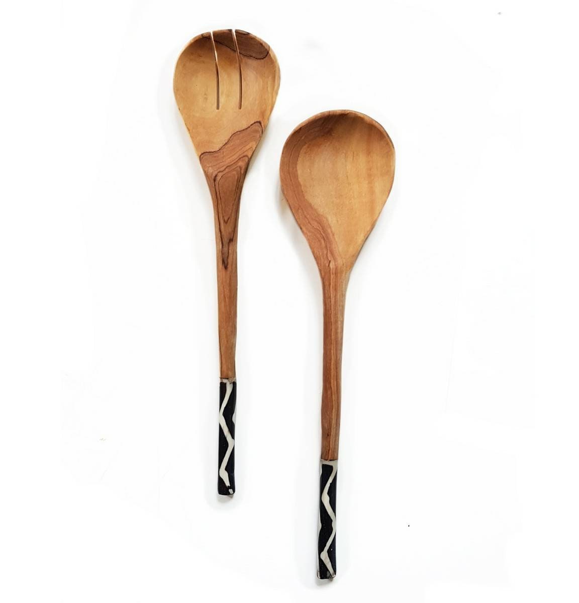 Olive Wood Salad Servers with bone inlay- Black/White