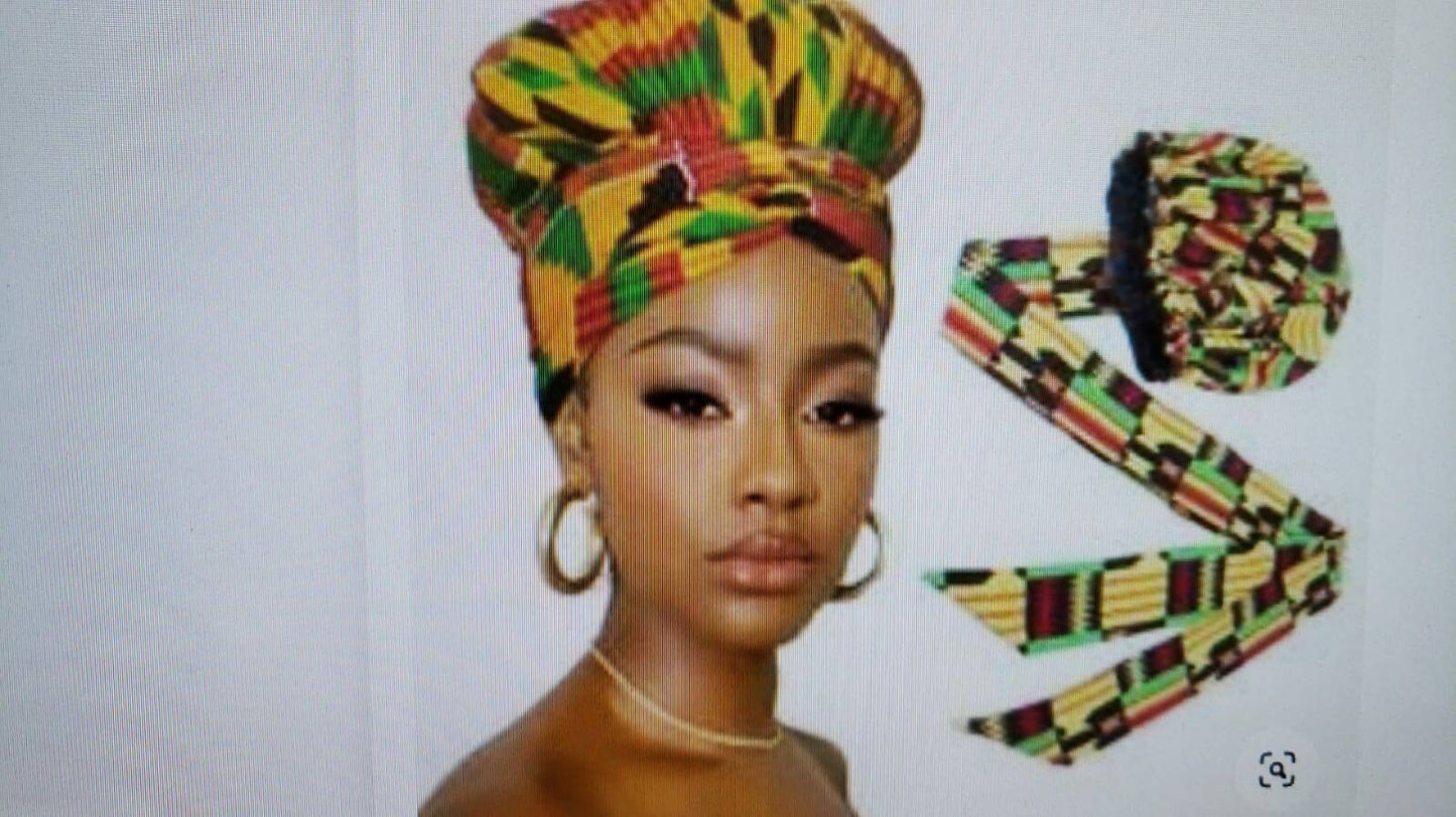 African Print Ankara Bonet Turban Headwrap with Long double layer ribbon.