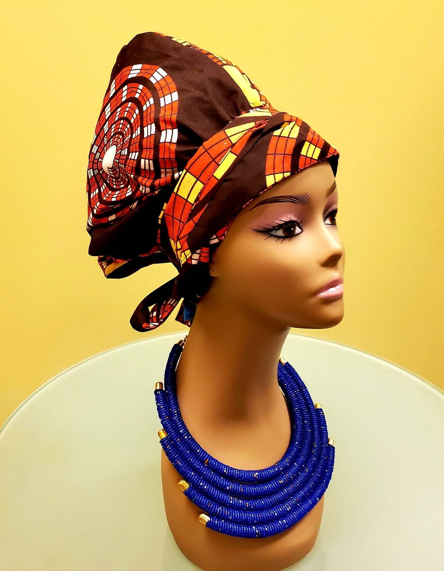 African Print Ankara Bonet Turban Headwrap with Long double layer ribbon.