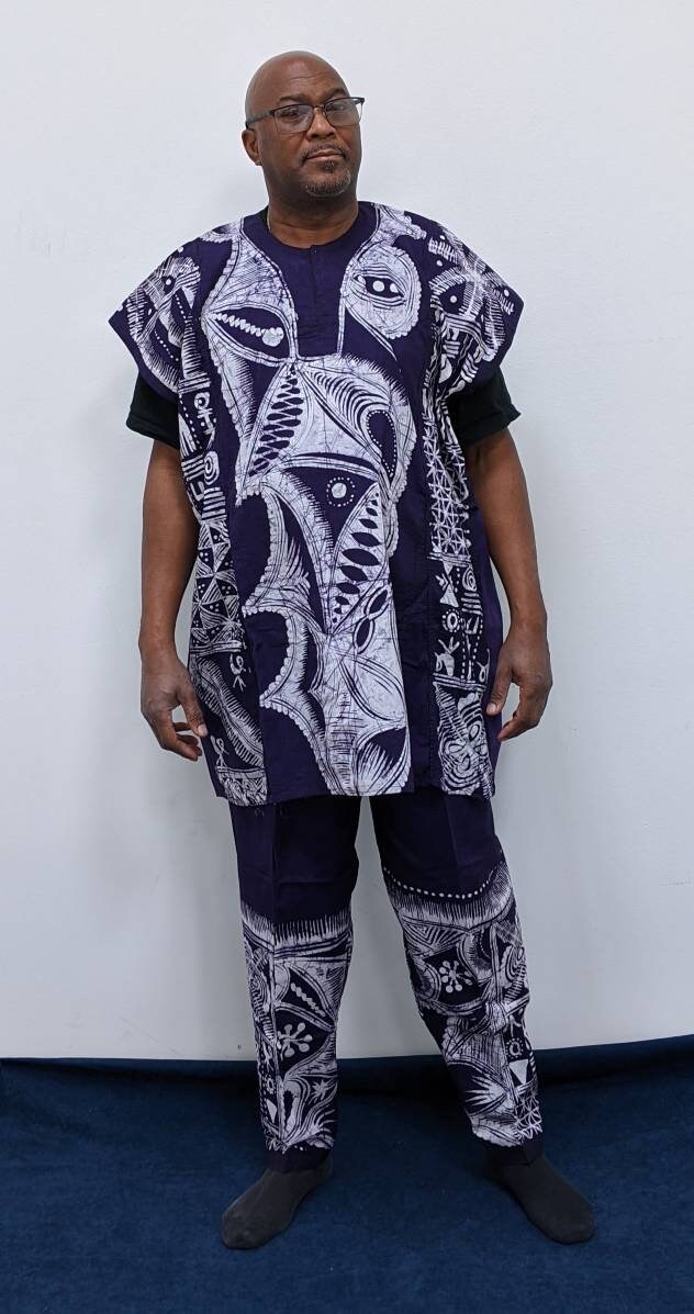 Big & Tall Mens Batik /Adire handmade in Nigeria, 100% cotton 2pc Suit, size: 6XL