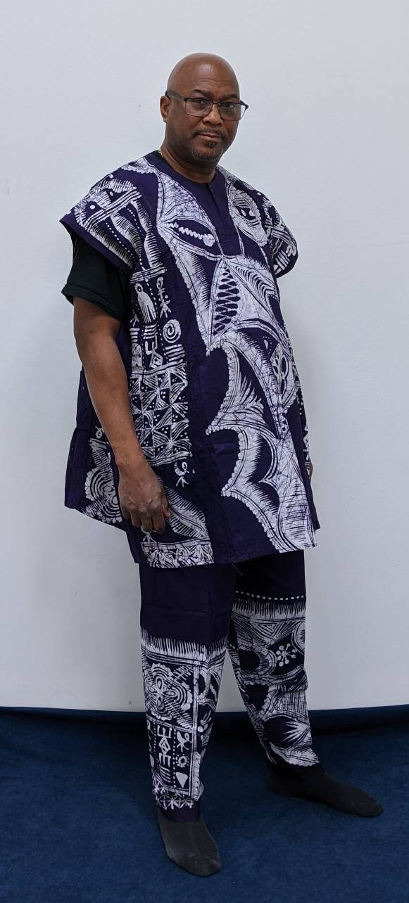 Big & Tall Mens Batik /Adire handmade in Nigeria, 100% cotton 2pc Suit, size: 6XL