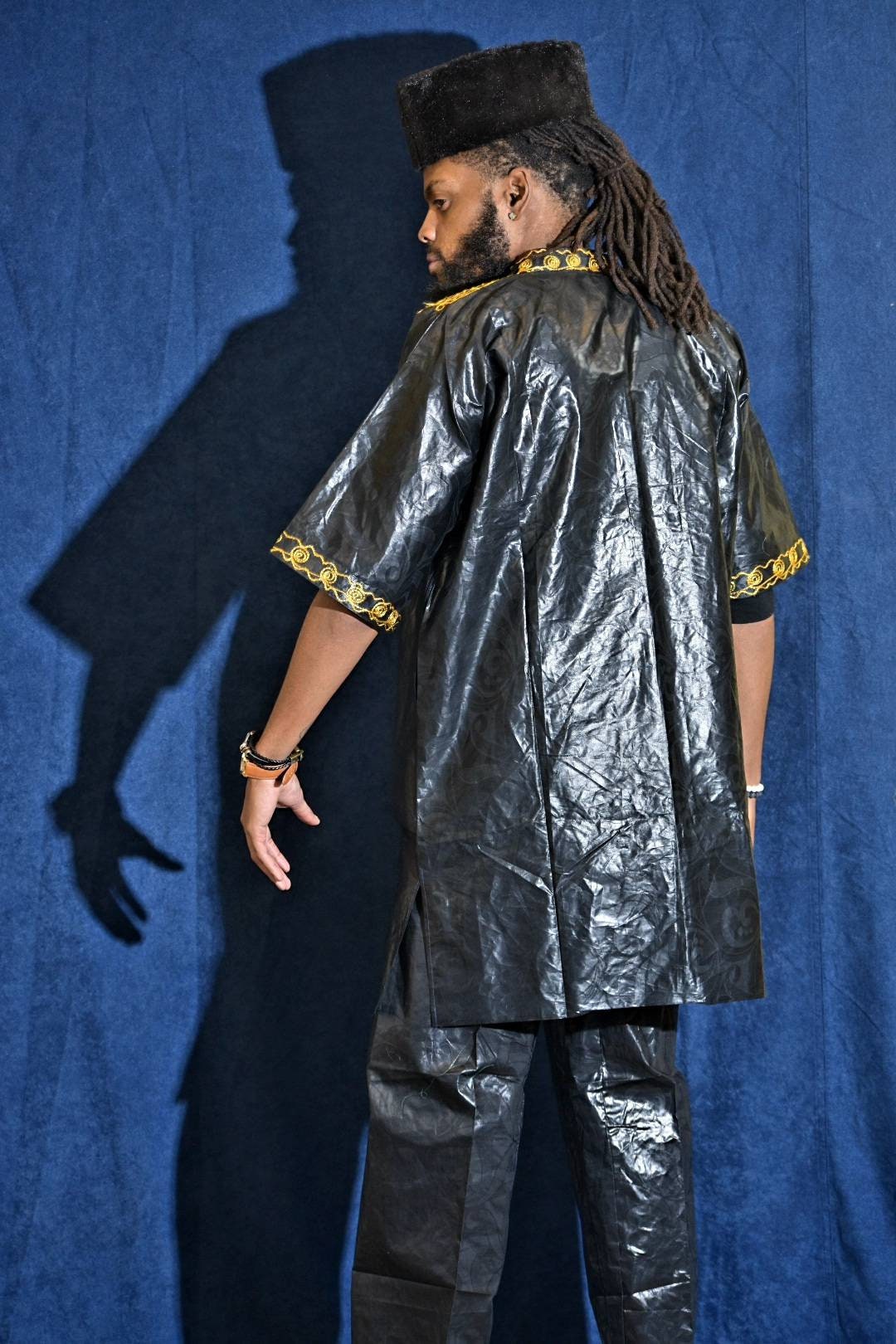 Indigo African Mens 2pc Dashiki Set with a drawstring pants/100% Cotton Brocade.