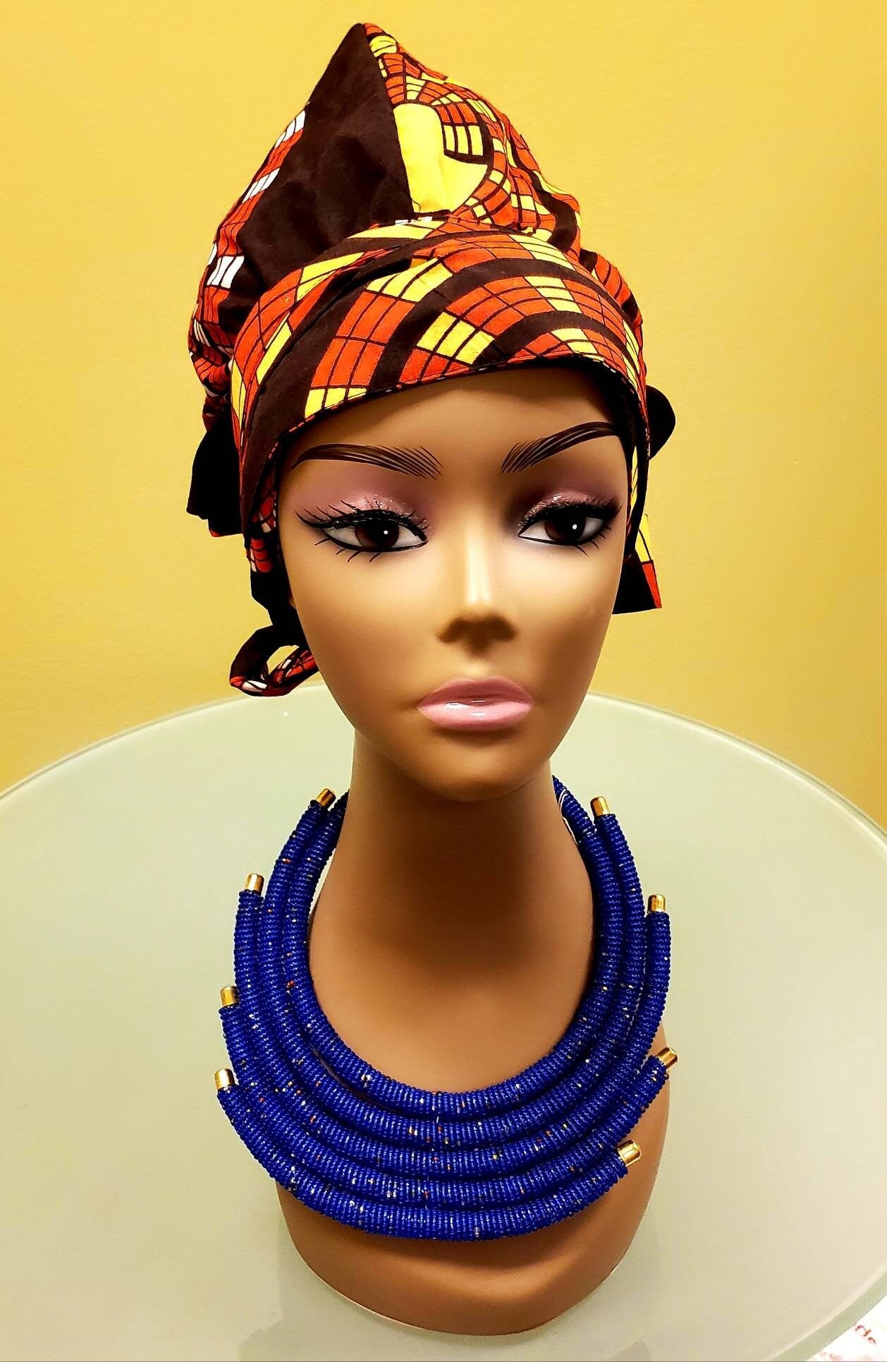 African Print Ankara Bonet Turban Headwrap with Long double layer ribbon.
