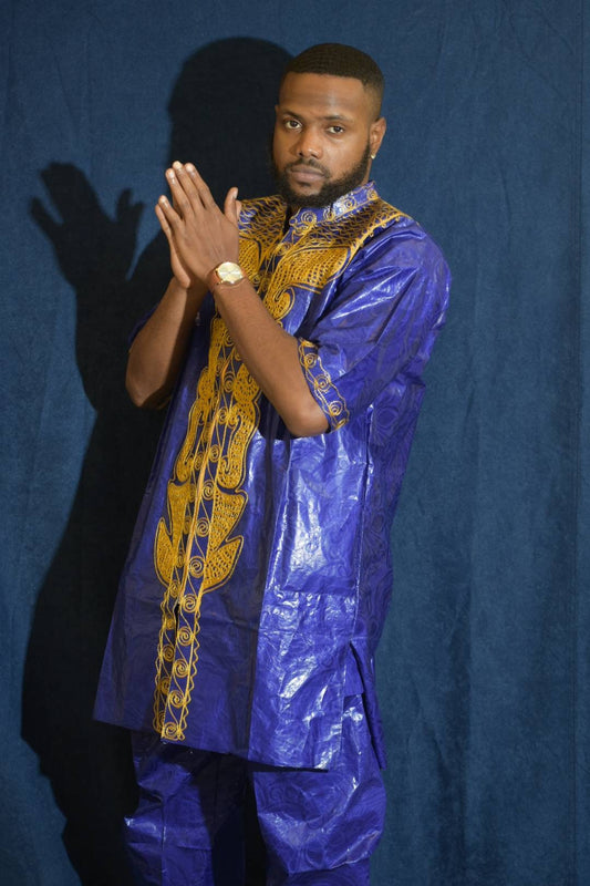 Indigo African Mens 2pc Dashiki Set with a drawstring pants/100% Cotton Brocade.