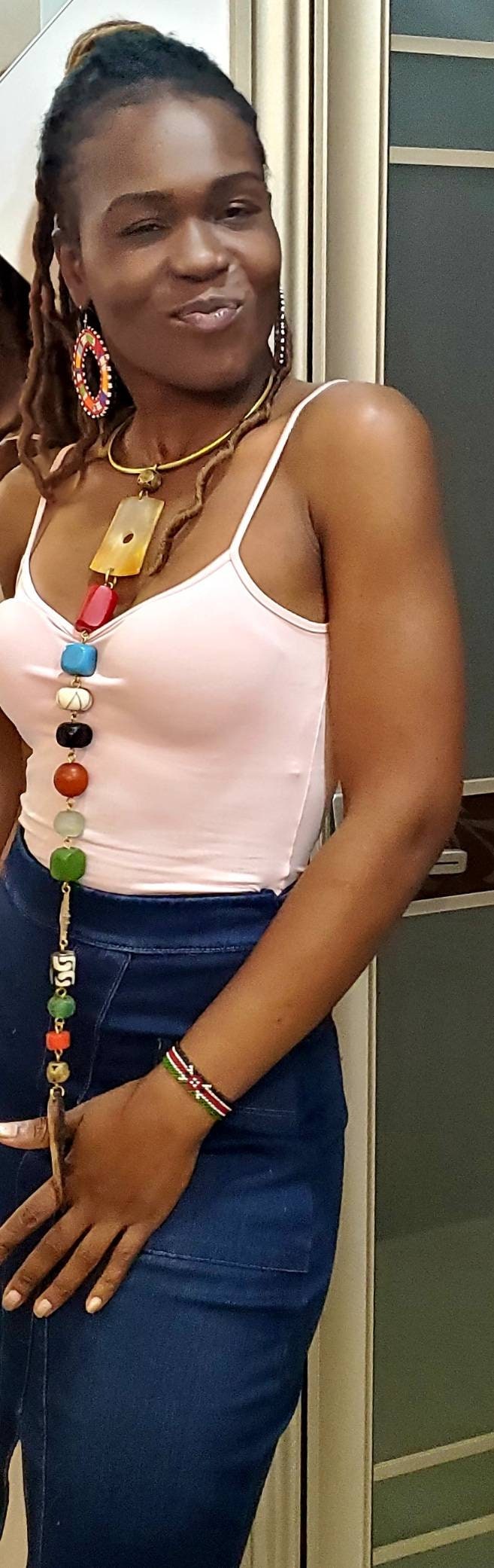 African Inspired long Batik Bone/Horn chunky beaded necklace. Length is from 19 to 22 inches.