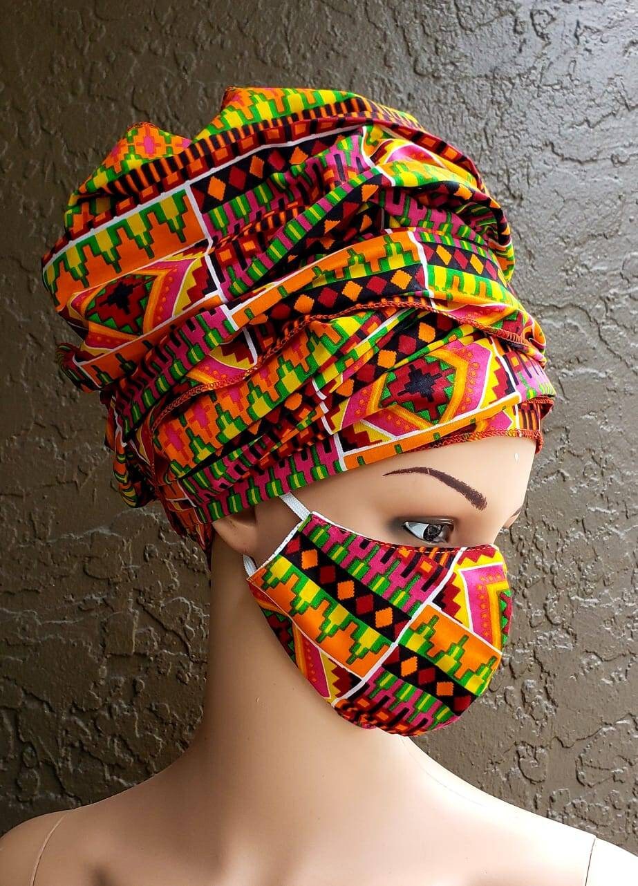 Traditional Kente Headwraps, no masks.