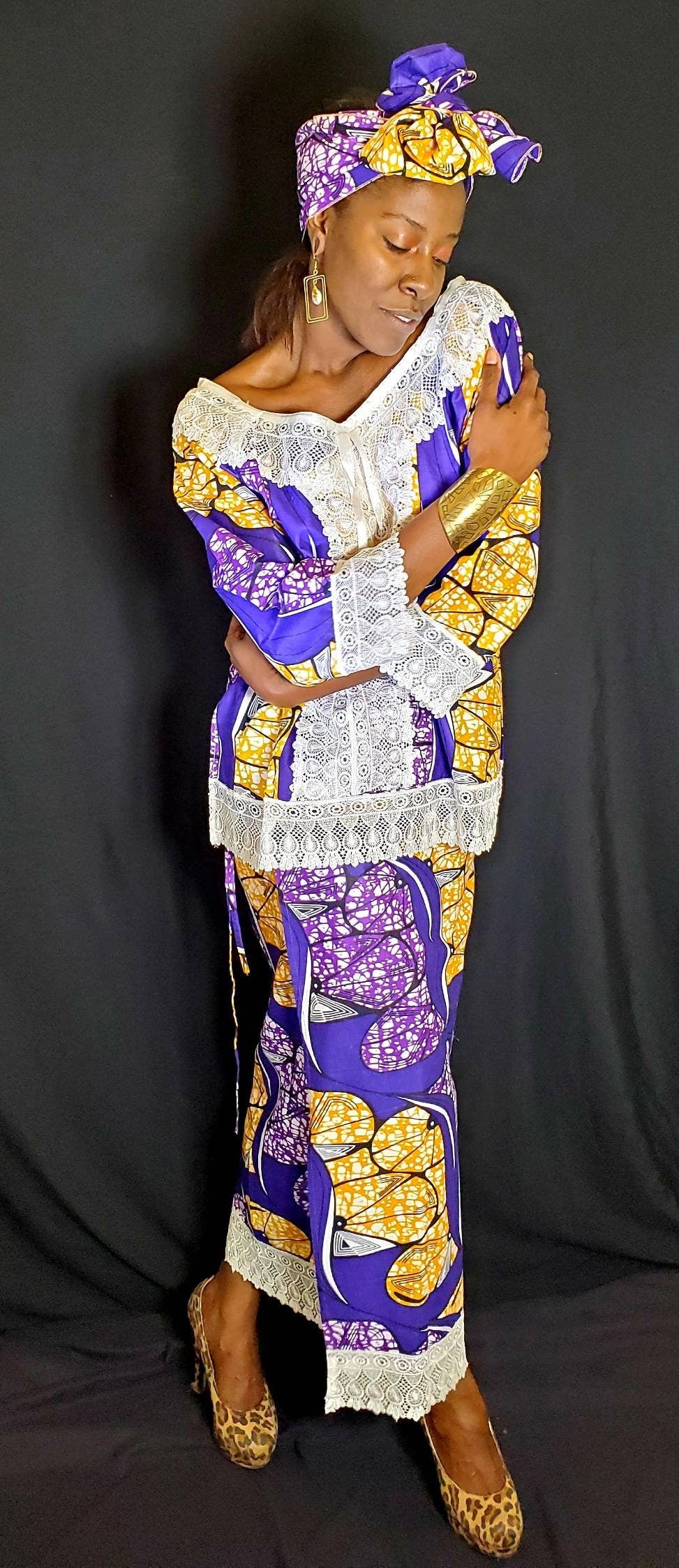African Traditional Women Skirt Set Printed Kente Wax Lace Gele Head Wrap