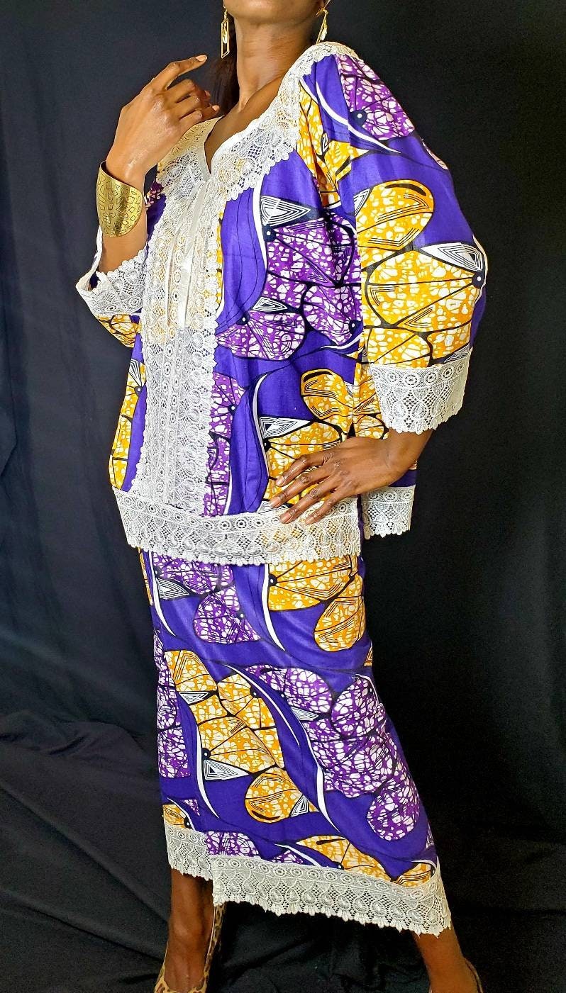 African Traditional Women Skirt Set Printed Kente Wax Lace Gele Head Wrap