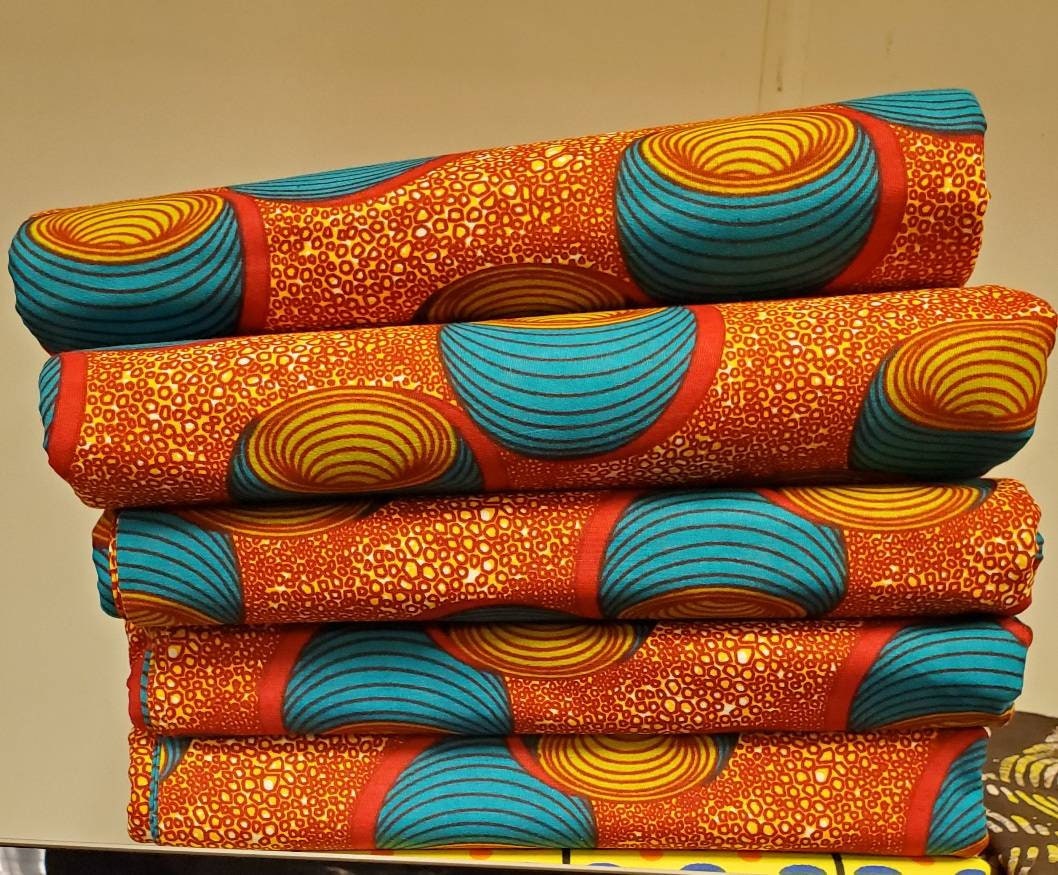 Orange Amber Teal African Print Ankara Fabric 6Yards.