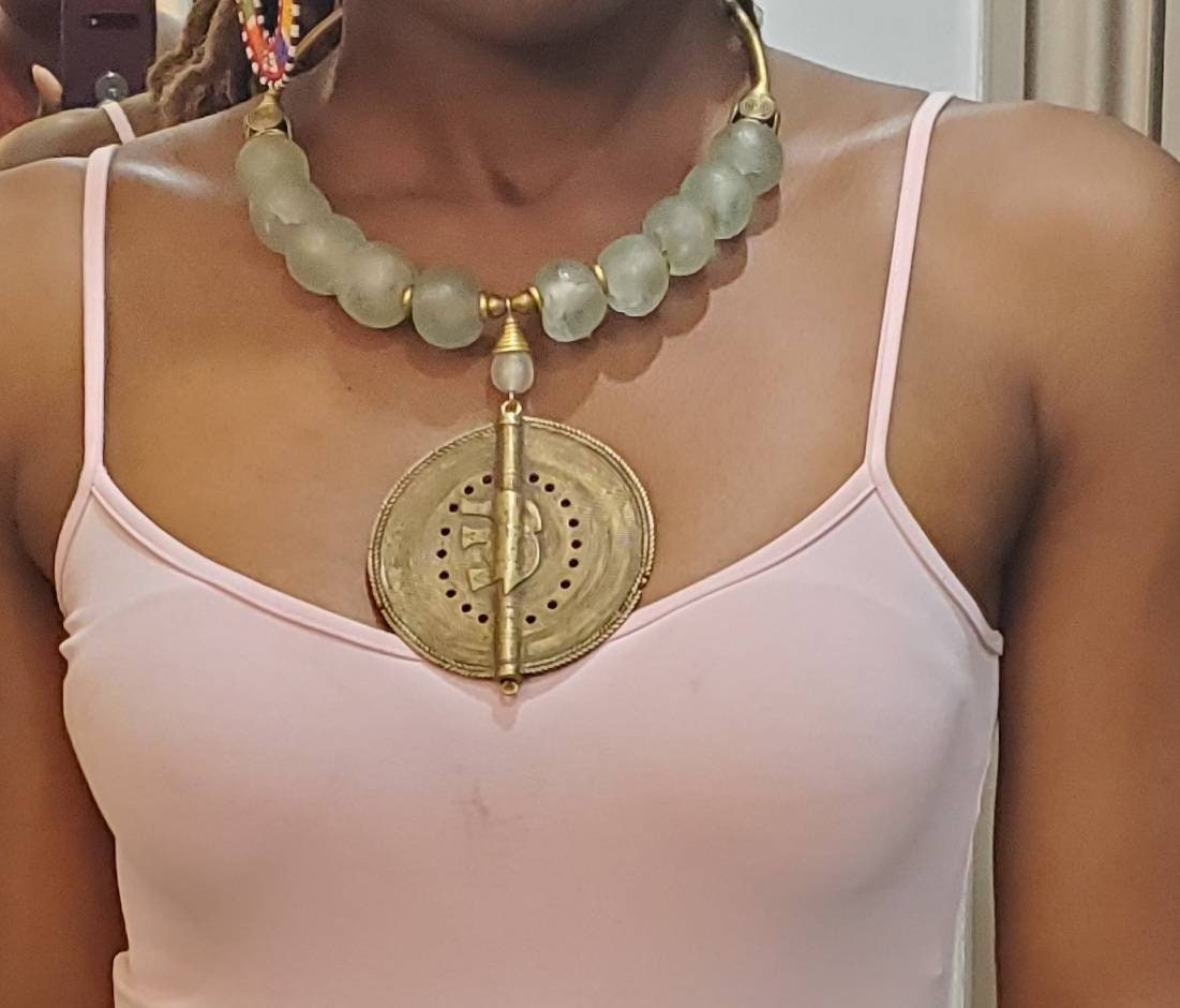 African Inspired Glass beads with Medallion/Ethnic Necklace/Brass Batik Bone/Unisex.