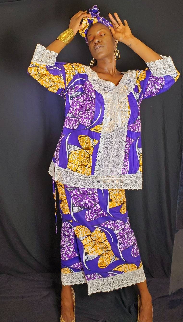 African Traditional Women Skirt Set Printed Kente Wax Lace Gele Head Wrap