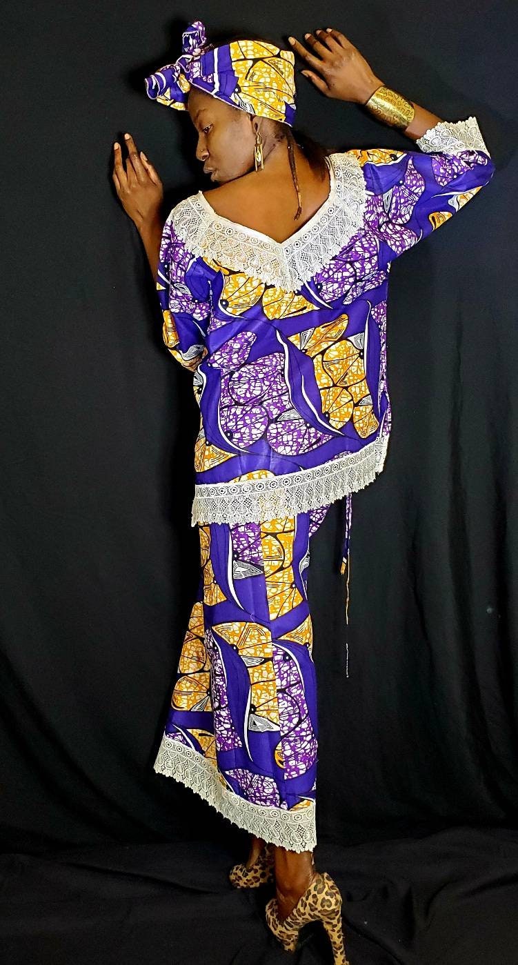 African Traditional Women Skirt Set Printed Kente Wax Lace Gele Head Wrap