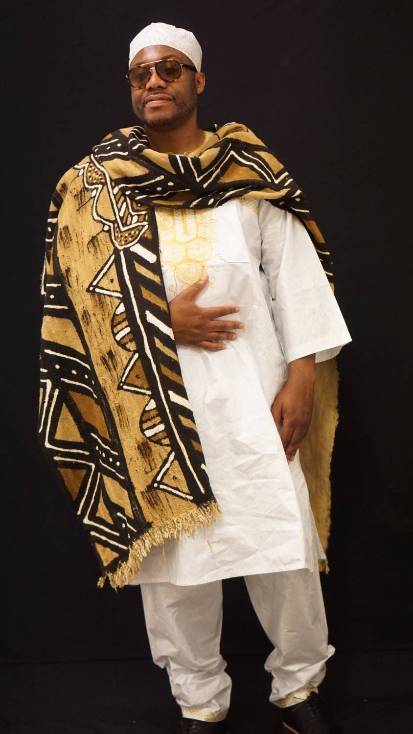 Bogolan African Mudcloth Poncho Scarf, split in the middle and both sides 100% Cotton made in Mali. UNISEX