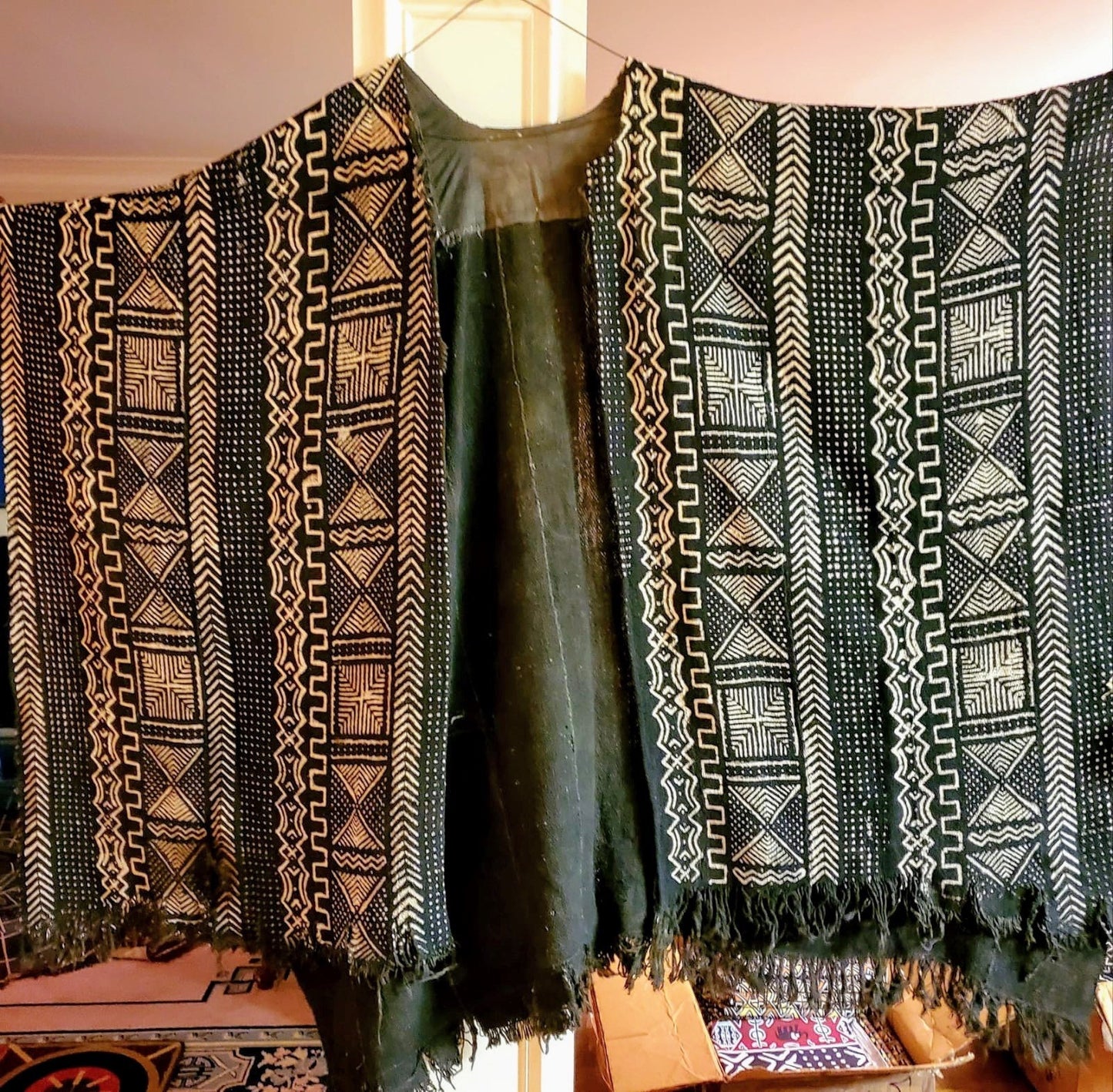 Bogolan African Mudcloth Poncho Scarf, split in the middle and both sides 100% Cotton made in Mali. UNISEX