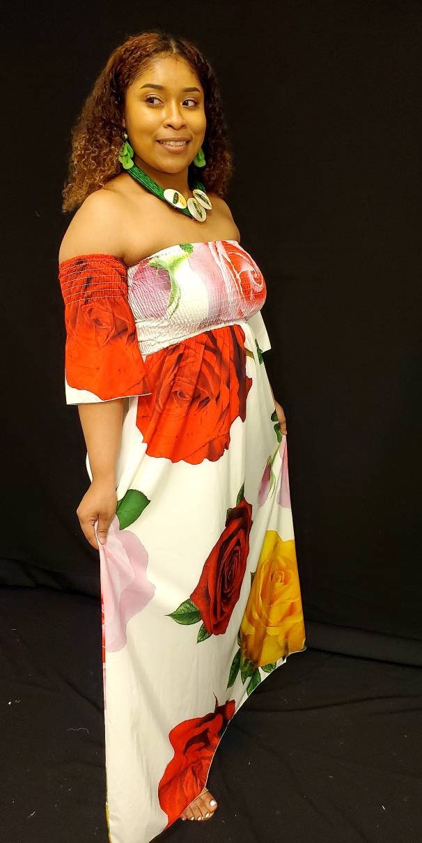 Off Shoulder Shirred Rose Print Minala Maxi Dress