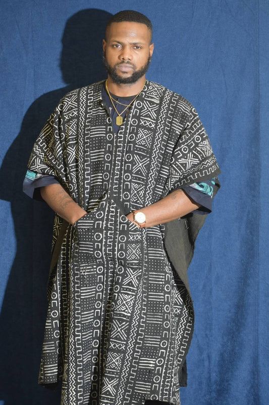 Black & White African Mudcloth Bambara Bogolan Grand Bubu Full Poncho Kaftan, Finest Quality/Men/Unisex