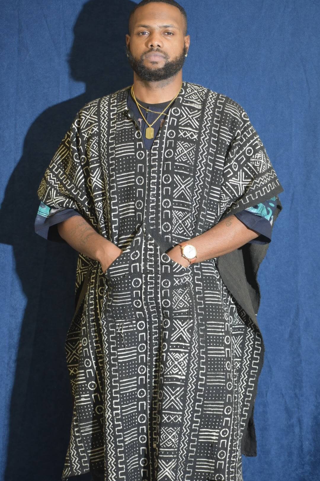 Black & White African Mudcloth Bambara Bogolan Grand Bubu Full Poncho Kaftan, Finest Quality/Men/Unisex