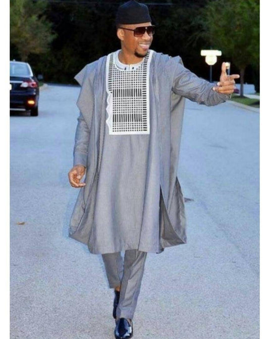 Big & Tall Men Grey Agbada/3pc Nigerian Man Suit/Wedding Set/Graduation/African Men Clothing.