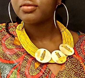 Ethnic Leather Mali Necklace with Horn Button and Brass.