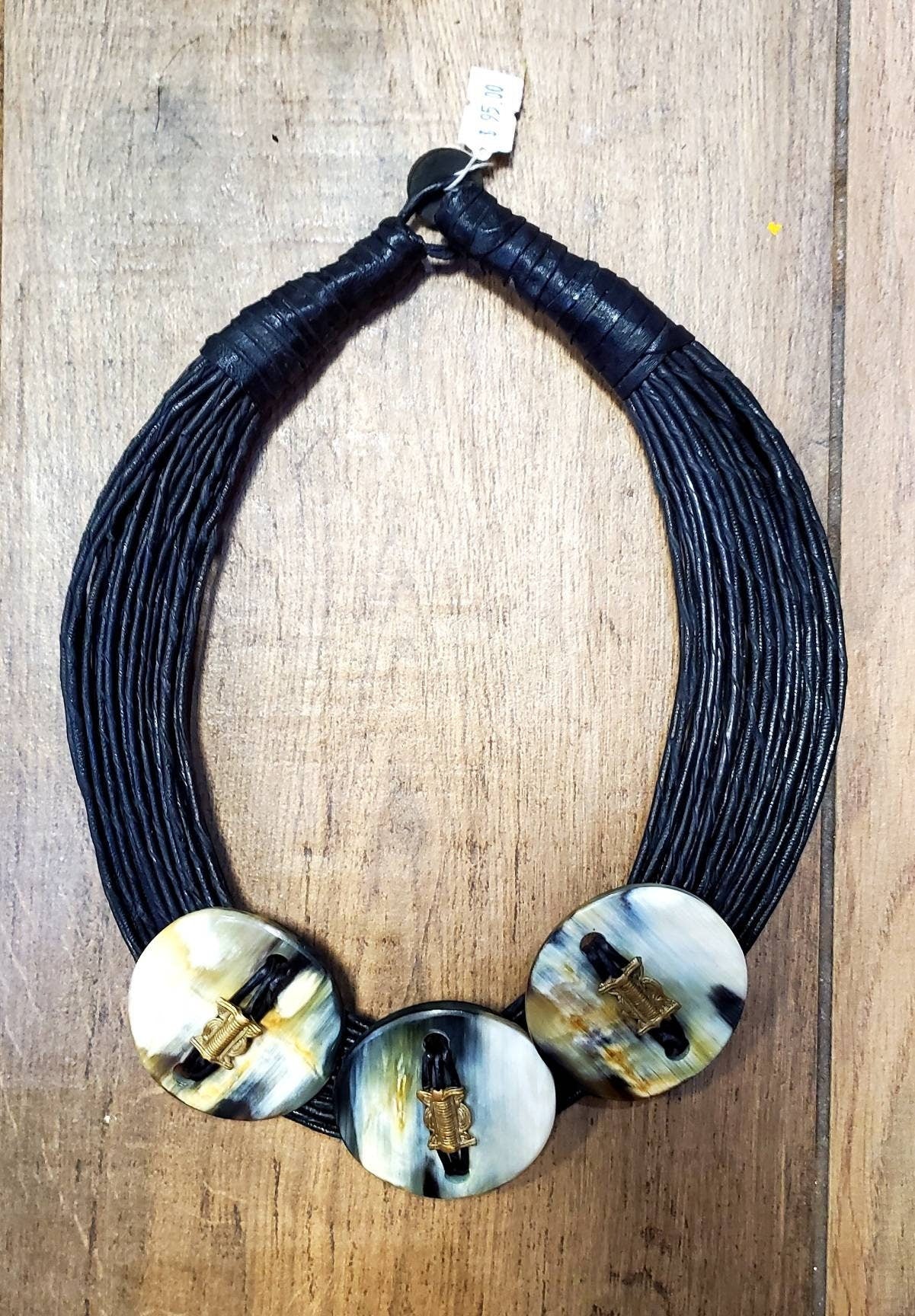 Ethnic Leather Mali Necklace with Horn Button and Brass.