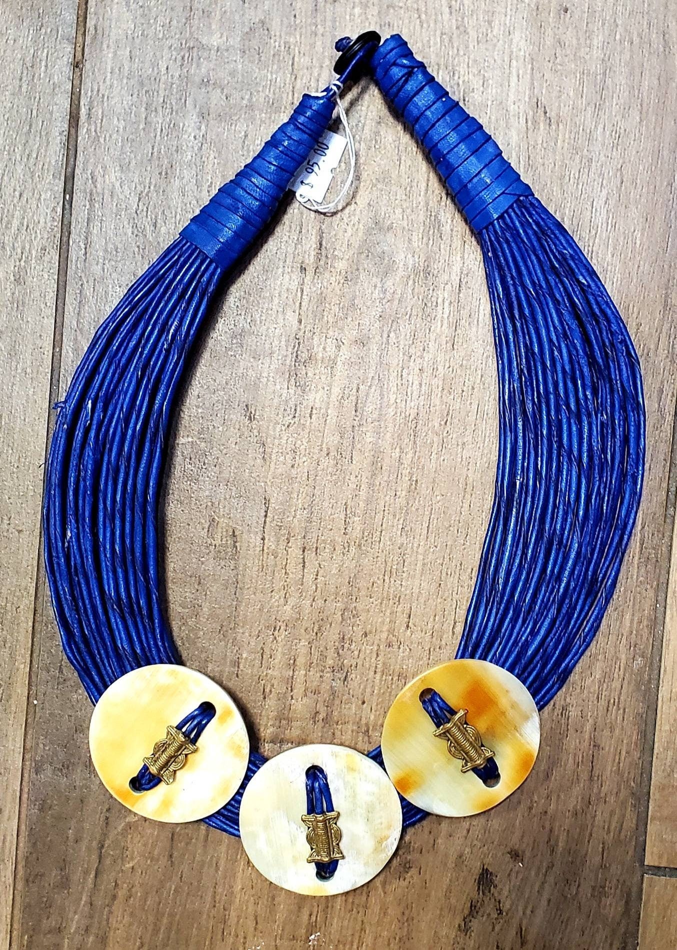 Ethnic Leather Mali Necklace with Horn Button and Brass.