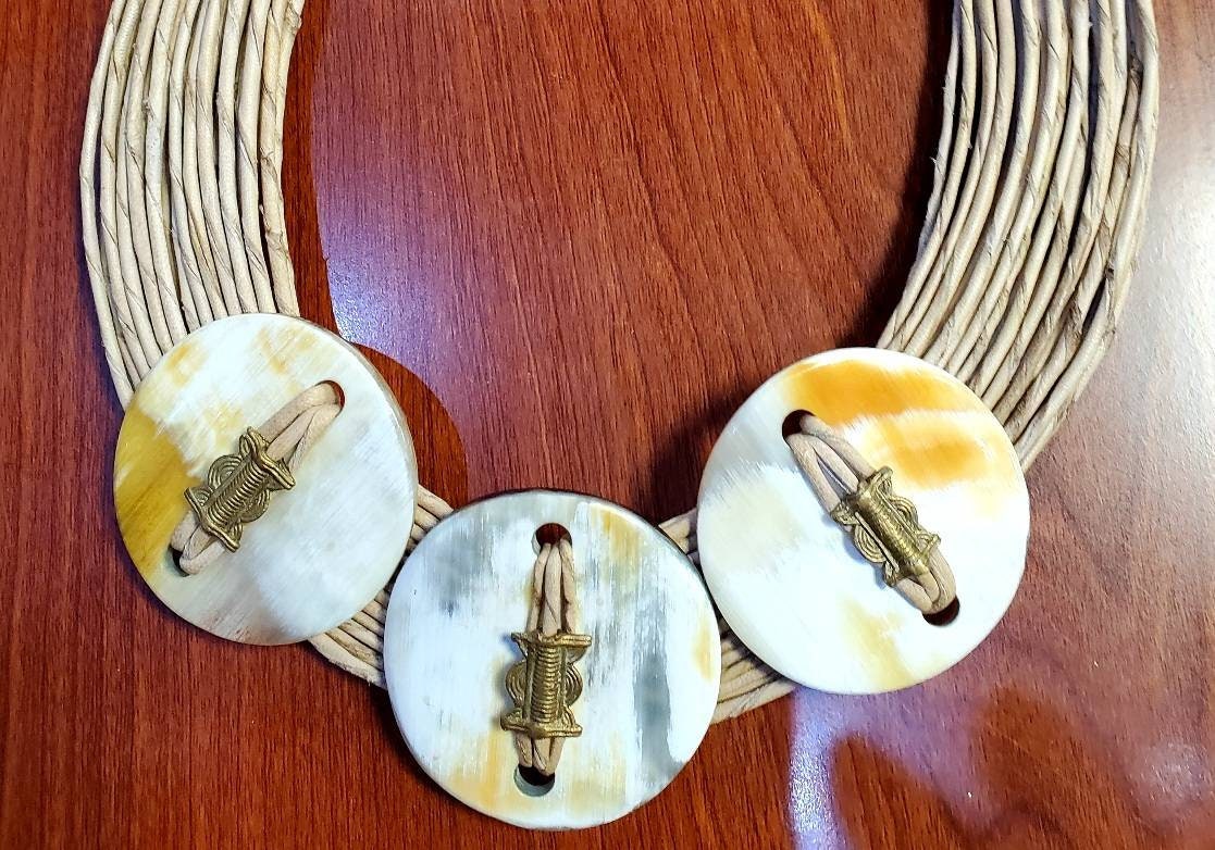 Ethnic Leather Mali Necklace with Horn Button and Brass.