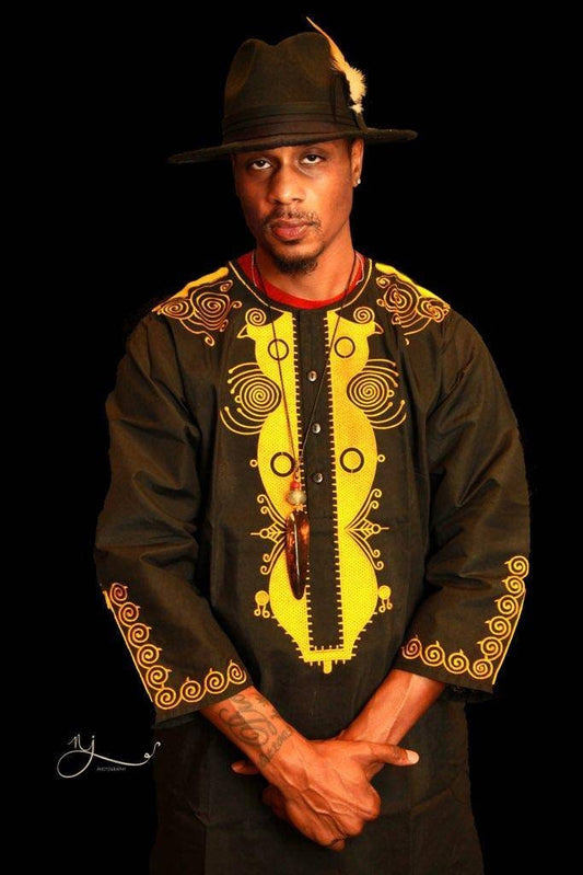 Black & Gold African Men Classic Dashiki Men Shirts/Kaftans with gold embroidery