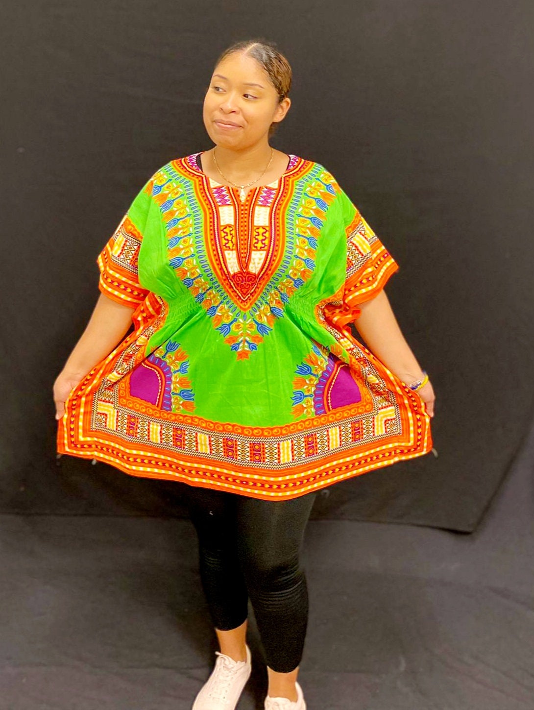 Women African Dashiki Print Poncho Top Shirt Elastic Waist Short Dress One Size.