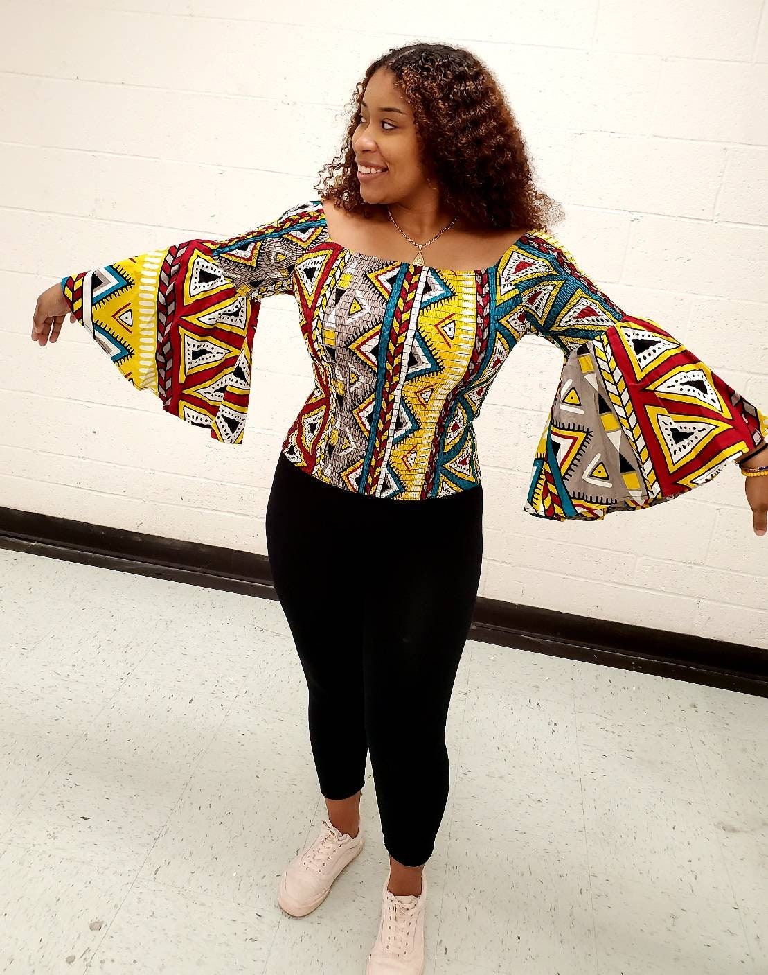 Women African Ankara Bell Sleeve Top Elastic Waist Blouse.
