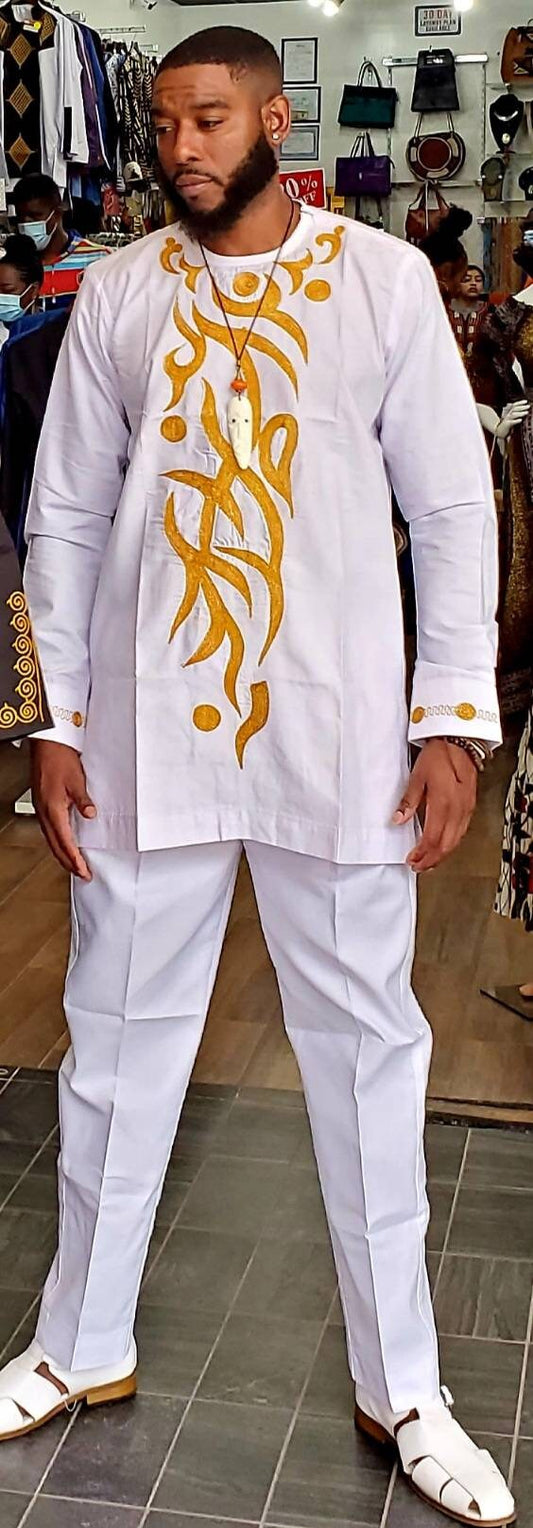 White and Gold African Men kaftan XL/2XL/Men Wedding wear/ traditional men attire with pantset.