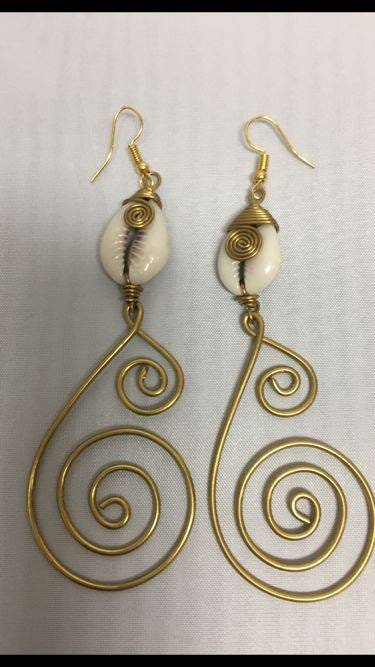Exquisite Dangling Brass Cowrie Bone Earrings/Long 6 inch.