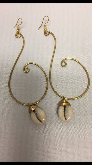 Exquisite Dangling Brass Cowrie Bone Earrings/Long 6 inch.