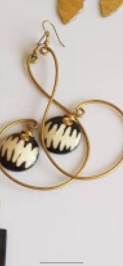 Exquisite Dangling Brass Cowrie Bone Earrings/Long 6 inch.