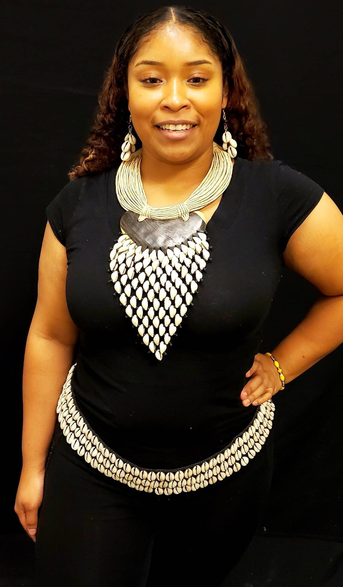 Huge V Cowrie on Ebony Wood Necklace. Length 12 inches.