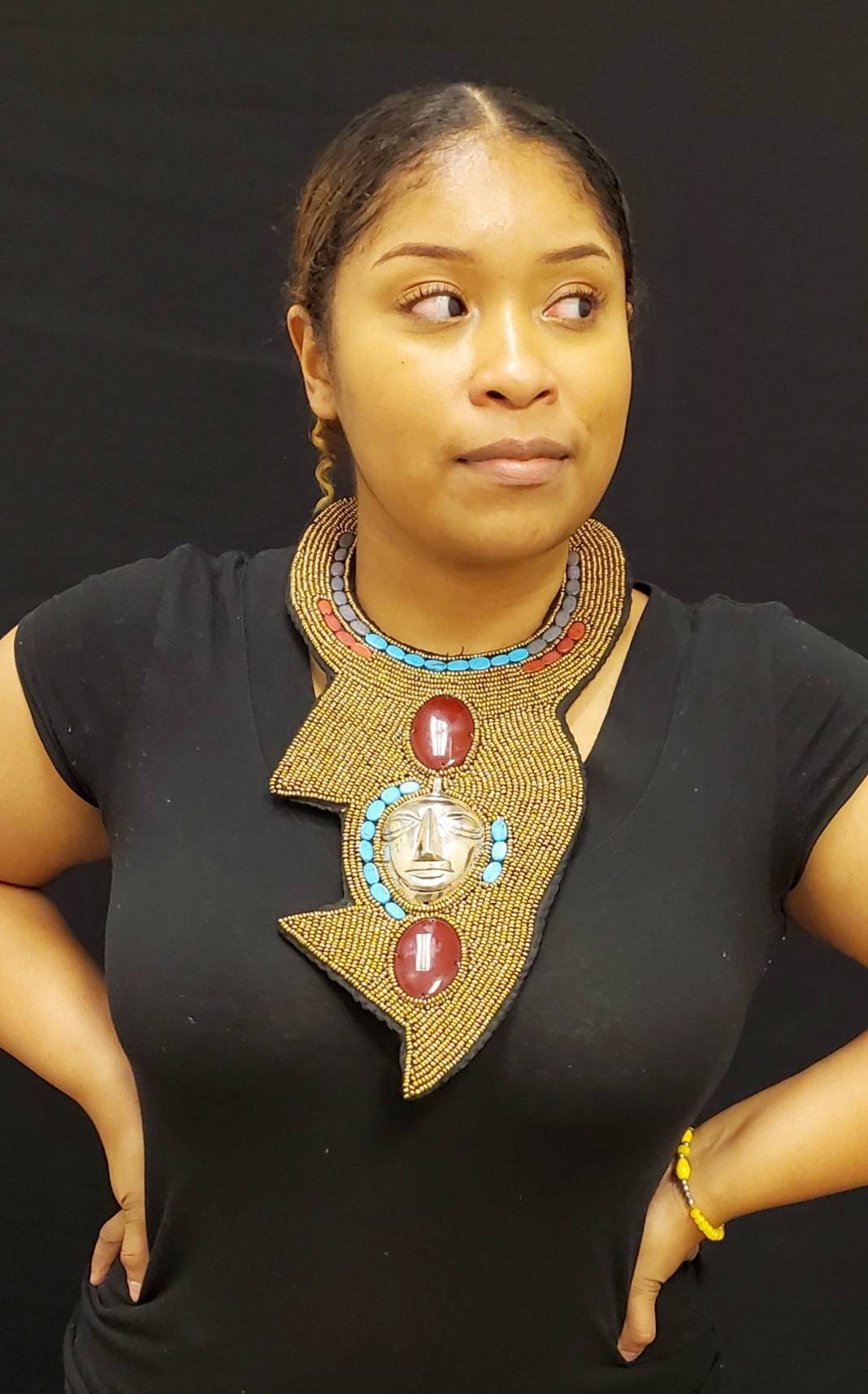 African Bibb Necklace with a mask. 10 inches.