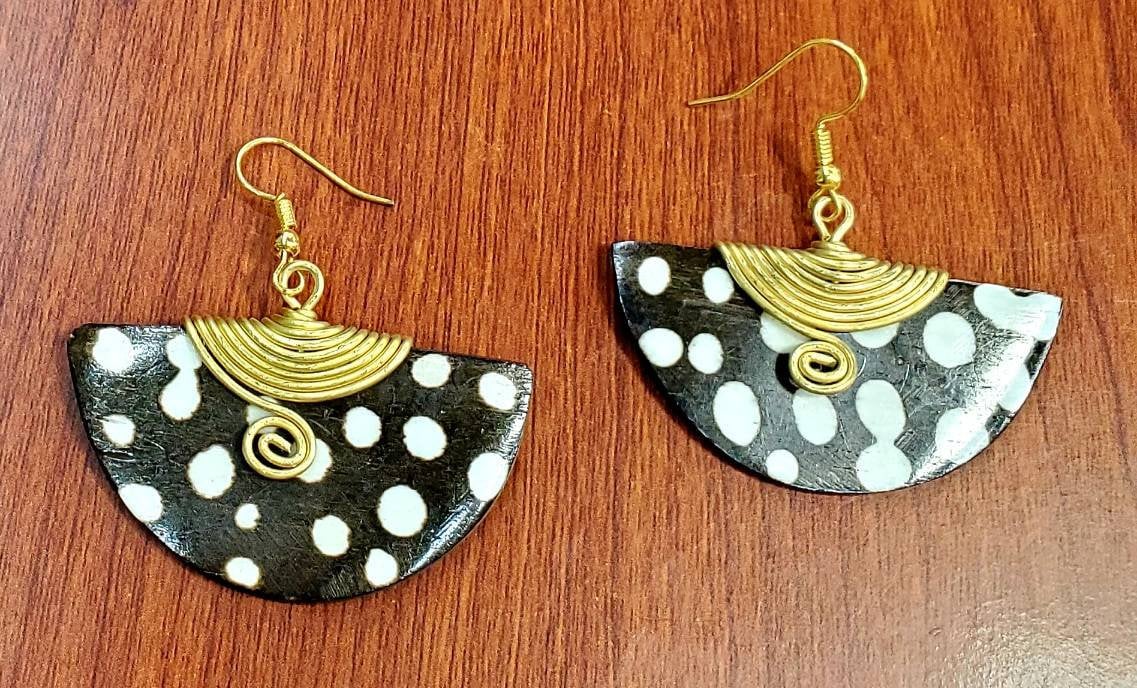African inspired bone earrings/Hald Moon Bone Earrings/Ethnic jewelry 2"x1.5".