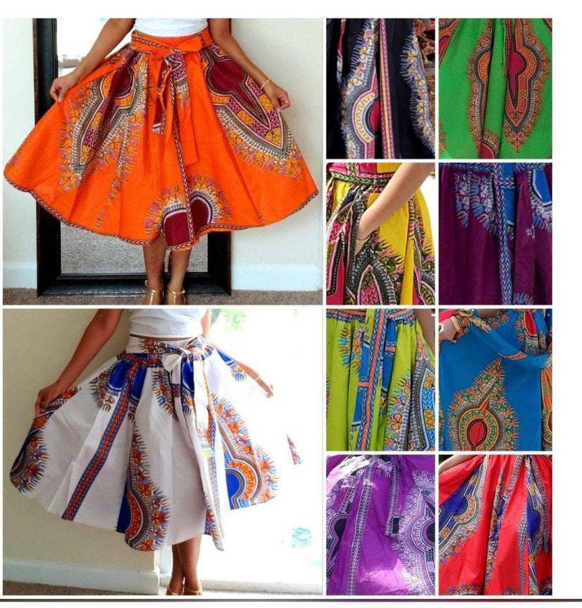 Boho Gypsy Anakra Knee Length Skirt Summer Women African Dashiki Print Flare Pleated Skate Midi Skirt.